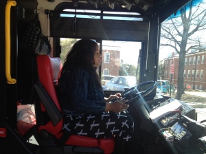Full-time bus driver Eurica Fletcher is ready for another route at the University of Maryland Monday March 31, 2014.
